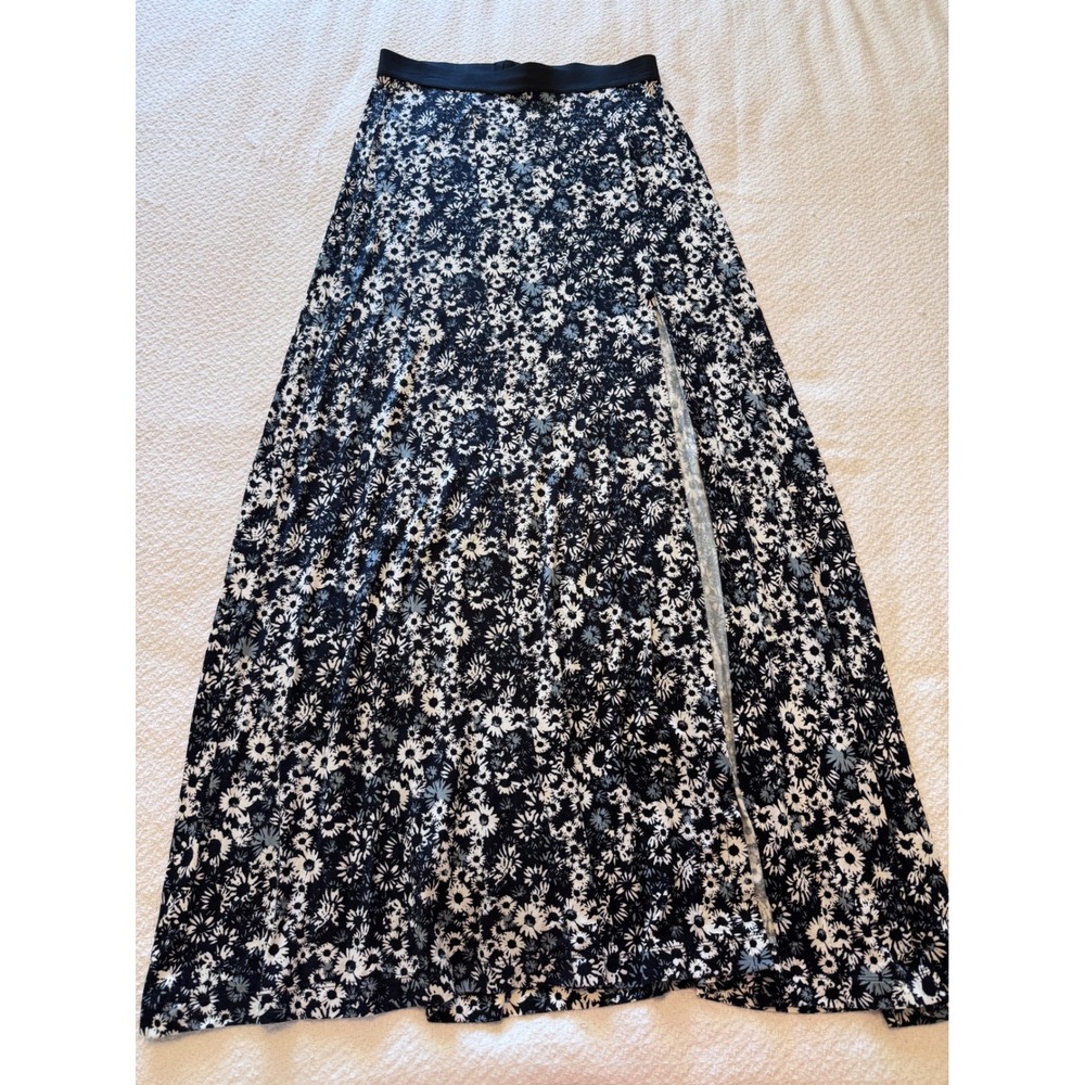 Seventeen Floral Maxi Skirt Black White Daisy Print High Slit Elastic Waist L